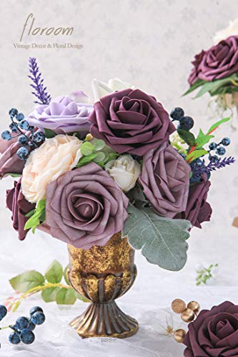 Artificial Flowers 25pcs Real Looking Plum Foam Fake Roses with Stems for DIY Wedding Bouquets Bridal Shower Centerpieces Floral Arrangements Party Home Decorations (25 Count)