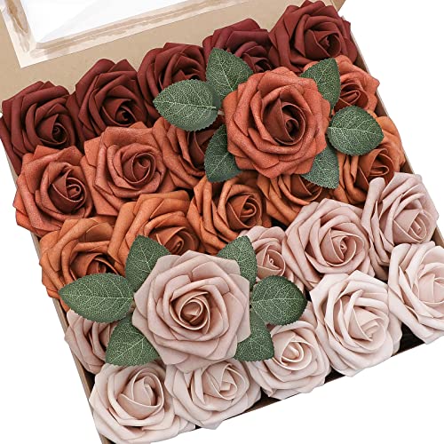Artificial Flowers 25pcs Real Looking Terracotta Ombre Colors Foam Fake Roses with Stems for DIY Wedding Bouquets Bridal Shower Floral Centerpieces Party Tables Home Decorations (25 Count)