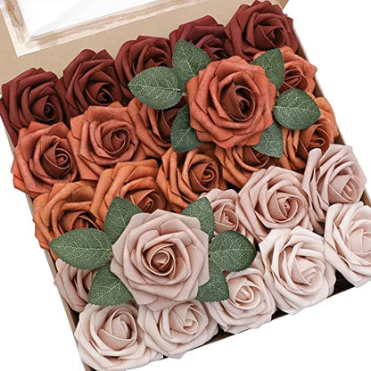 Artificial Flowers 25pcs Real Looking Terracotta Ombre Colors Foam Fake Roses with Stems for DIY Wedding Bouquets Bridal Shower Floral Centerpieces Party Tables Home Decorations (25 Count)