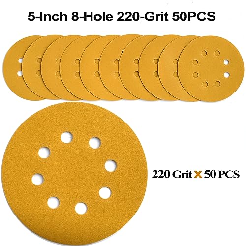 5-Inch 8-Hole Hook and Loop Sanding Discs 220-Grit, 50-Pack (50 Count)