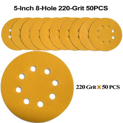 5-Inch 8-Hole Hook and Loop Sanding Discs 220-Grit, 50-Pack (50 Count)