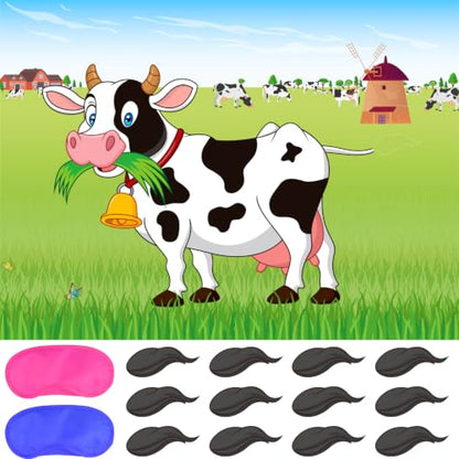 Pin The Tail on The Cow Game with 30 Tail Stickers for Farm Birthday Supplies Pin Game