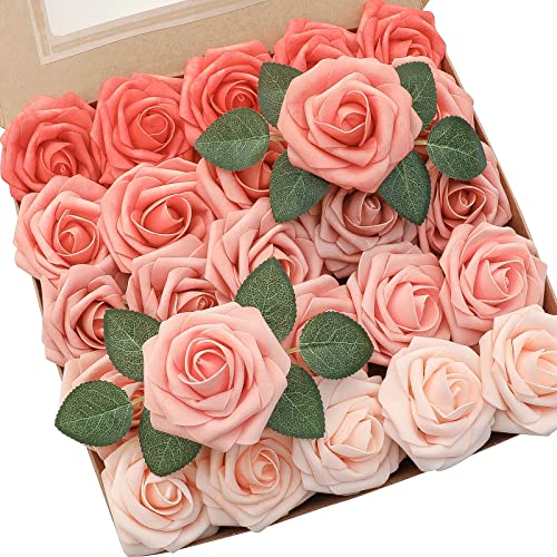 Artificial Flowers 25pcs Real Looking Coral Ombre Colors Foam Fake Roses with Stems for DIY Wedding Bouquets Bridal Shower Centerpieces Floral Arrangements Party Tables Home Decorations (25 Count)