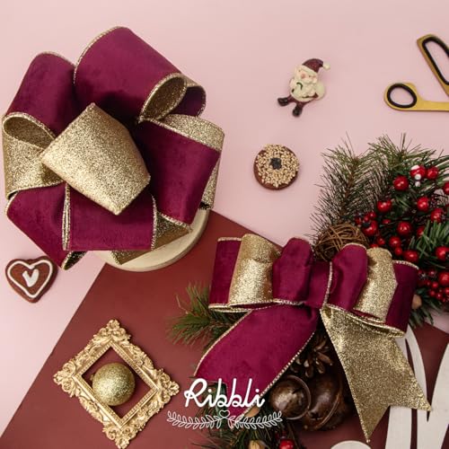 Burgundy Velvet Wired Ribbon 2.5 Inch Burgundy Velvet with Gold Glitter Christmas Ribbon for Christmas Tree Decoration Big Bow Gift Wrapping Crafts Wreaths Supplies (30 Foot)