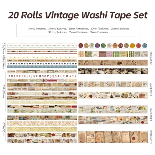 20 Rolls Vintage Washi Tape Set (131.2 Foot)