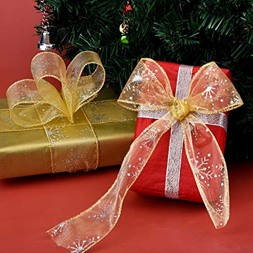2.5 Inch Wide Christmas Wired Ribbon Snowflake Organza Sheer Glitter Ribbon for Xmas Tree (65.7 Foot)