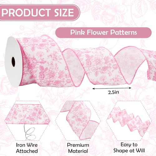 Floral Wired Edge Ribbon Roll Pink Flower Chinoiserie Fabric Ribbon for Wreath Bow Making DIY Crafts Gift Wrapping