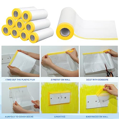 18 Roll Painters Plastic with Tape Pre Taped Masking Film for Painting Automotive Paint Adhesive Protective Film Masking Tape Roll Plastic Painting Covering (18 Count)