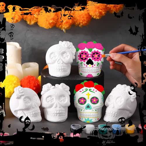 24 Sets Day of Dead Skull Ceramic Figurines Gnome Painting Kit