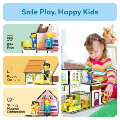 Magnet Tile Building Block Family Homestead Doll House Theme Playset 8 Character Action Figures Double Sided Magnetic Tiles Printing STEM Education Learning Kit Toy Set Kids Ages 3+ PTQ06 (5 Count)