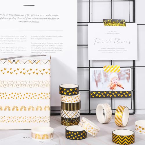 12 Rolls Gold Foil Pattern Washi Tape Heart Dot Stripe Rainbow Masking Tape Set Decorative Wrapping Paper Tapes for Scrapbook Journal DIY Art Crafts (12 Count)