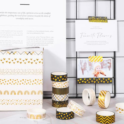 12 Rolls Gold Foil Pattern Washi Tape Heart Dot Stripe Rainbow Masking Tape Set Decorative Wrapping Paper Tapes for Scrapbook Journal DIY Art Crafts (12 Count)