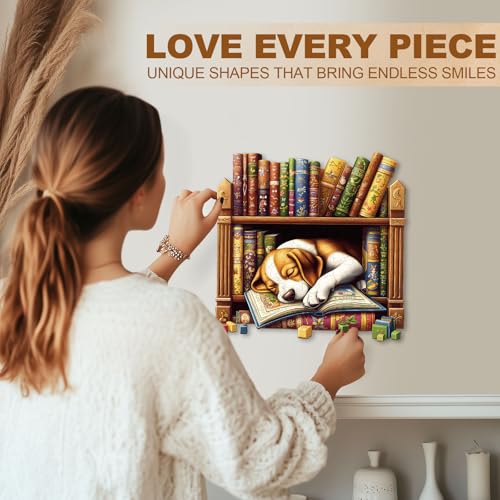 Puppy Dog Puzzles Bookshelf Books Library Shape Puzzle Adults Gifts for Women Men Wooden 300 Pieces 13.4 * 13.4in Wall Decor