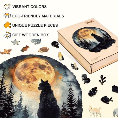 Moon Night Black Cat Puzzles Adults Gifts for Women Men Wooden 195 Pieces 11.4x10.6in