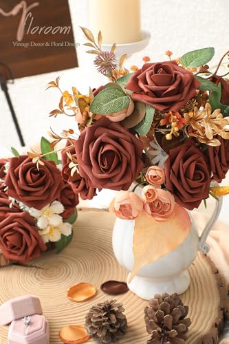 Artificial Flowers 25pcs Real Looking Terracotta Foam Fake Roses with Stems for DIY Wedding Bouquets Bridal Shower Centerpieces Floral Arrangements Party Tables Home Decorations (25 Count)