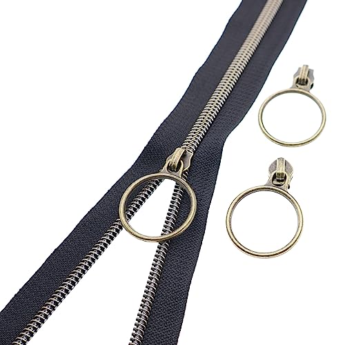 5# Black Nylon Zipper Tape Brass Teeth 10 Yards Continuous Zipper with 25 pcs Ring Pull Silders Bulk