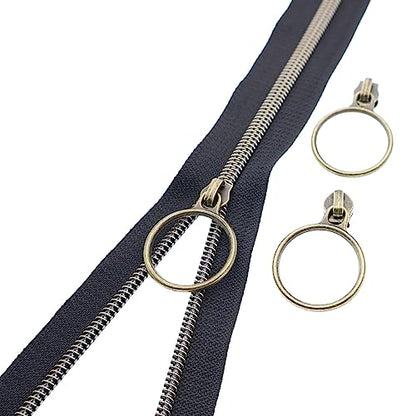 5# Black Nylon Zipper Tape Brass Teeth 10 Yards Continuous Zipper with 25 pcs Ring Pull Silders Bulk