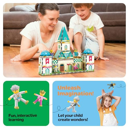 70pc Middle Age Medieval and Castle Theme Tile 2in1 8 Character Action Figures Magnet Tiles Building Block Pretend Magnetic Play Fine Motor Skill STEM Educational Construction Age3+ PTQ01