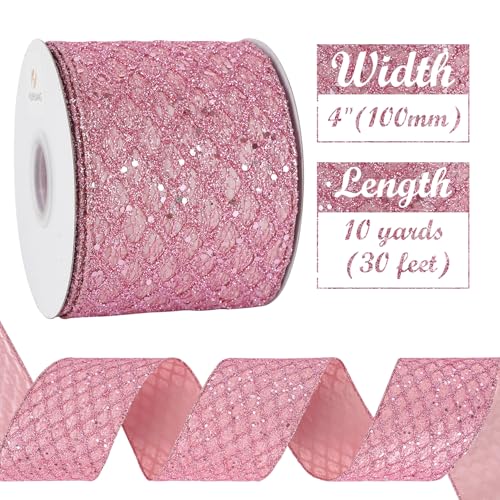 Pink Glitter Diamond Wired Christmas Ribbon 4 inch x 10 Yards (30 Foot)