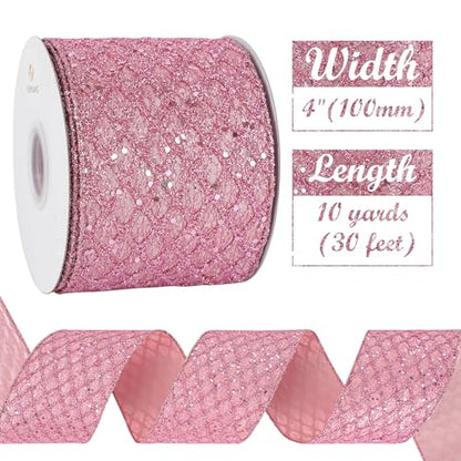 Pink Glitter Diamond Wired Christmas Ribbon 4 inch x 10 Yards (30 Foot)