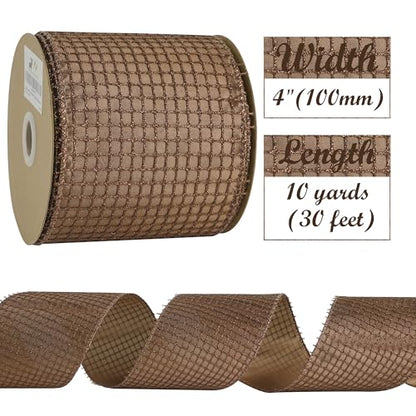 4 inch Brown Square Mesh Christmas Wired Ribbon 10 Yards (30 Foot)