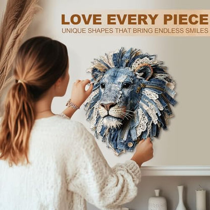 Denim Fabric Lion Puzzles Adults Gifts for Women Men Wooden 155 Pieces 11.4 * 9.8in
