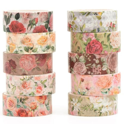 10 Rolls Blooming Flowers Washi Tape Set Floral Arts Adhesive Tapes Colorful Garden Decorative Masking Tape Sets for Craft (10 Count)