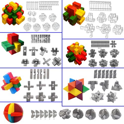18 Pack Large Wooden Brain Teaser Puzzles Wooden Burr Puzzles Brain Teaser Puzzle with Gift Packing Box Magic Puzzle Games Toys Stocking Stuffers Party Favors for Kids and Adults (18 Count)