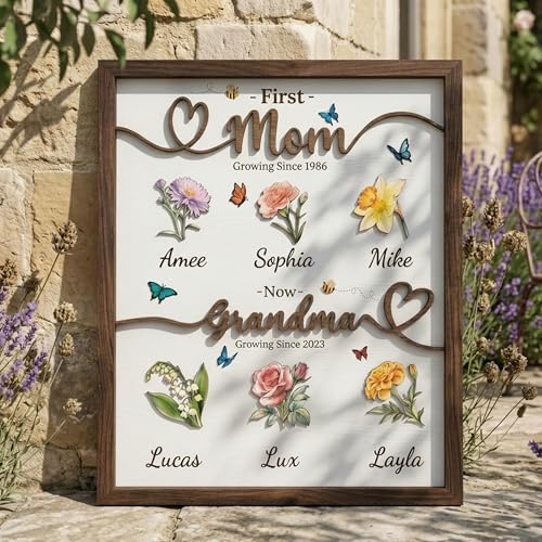 Personalized Grandma Gift First Mom Now Grandma with Birth Month Flowers Decorative Wooden Sign