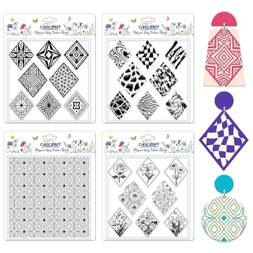 4 Pcs Rhombus Pattern Polymer Clay Texture Sheets Abstract Art Silicone Texture Stamp Rhombus Flowers Modeling Pattern Pad Sheets for Jewelry and Earrings Tools