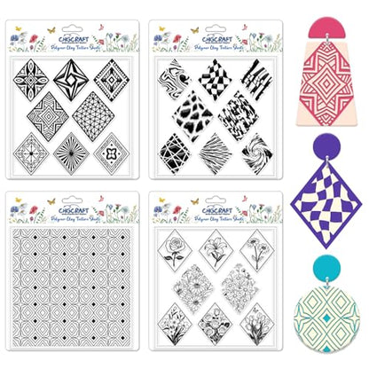 4 Pcs Rhombus Pattern Polymer Clay Texture Sheets Abstract Art Silicone Texture Stamp Rhombus Flowers Modeling Pattern Pad Sheets for Jewelry and Earrings Tools