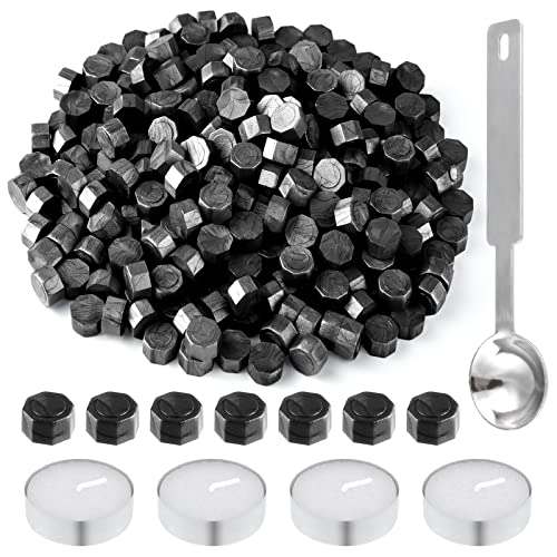 500 Pcs Octagon Sealing Wax Beads Black Wax Seal Beads with 4 Pcs Tea Candles and 1 Pcs Wax Melting Spoon for Crafts Letter Wine Greeting Cards Sealing (7.7603 Ounce)