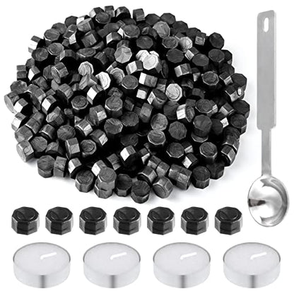 500 Pcs Octagon Sealing Wax Beads Black Wax Seal Beads with 4 Pcs Tea Candles and 1 Pcs Wax Melting Spoon for Crafts Letter Wine Greeting Cards Sealing (7.7603 Ounce)