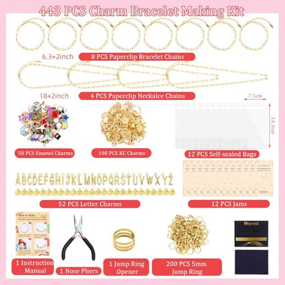 Gold 443PCS Gold Charm Bracelet Necklace Making Kit for Women (443 Count)