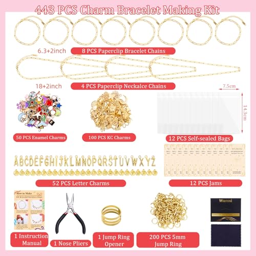 Gold 443PCS Gold Charm Bracelet Necklace Making Kit for Women (443 Count)