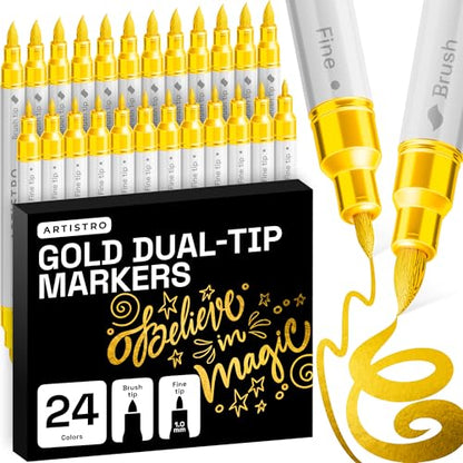24 Gold Dual Tip Acrylic Paint Marker Pens for Drawing (24 Count)
