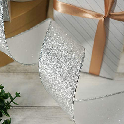Glitter Wired Ribbon 2.5" x 10 Yards Silver for Christmas Home Decor Bow Gift Wrapping DIY Crafts Wreath (30 Foot)