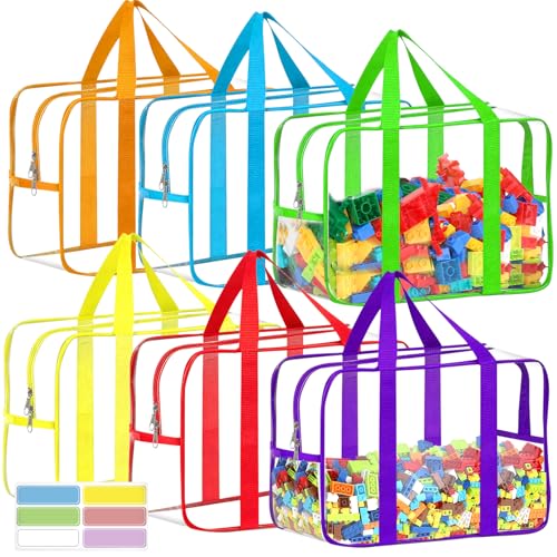 6 Colors XXL Toy Storage Bags with Labels Reusable Clear Toy Organizer (6 Count)