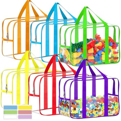 6 Colors XXL Toy Storage Bags with Labels Reusable Clear Toy Organizer (6 Count)