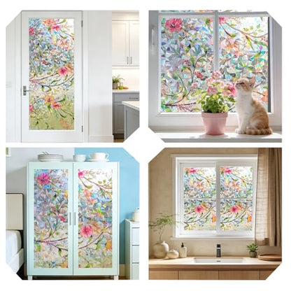 Stained Glass Window Film Rainbow Floral Static Cling Window Film Flower Window Privacy Film No Glue Decorative Window Cling UV Blocking Heat Control Glass Windows Stickers 47.25'' x 118''