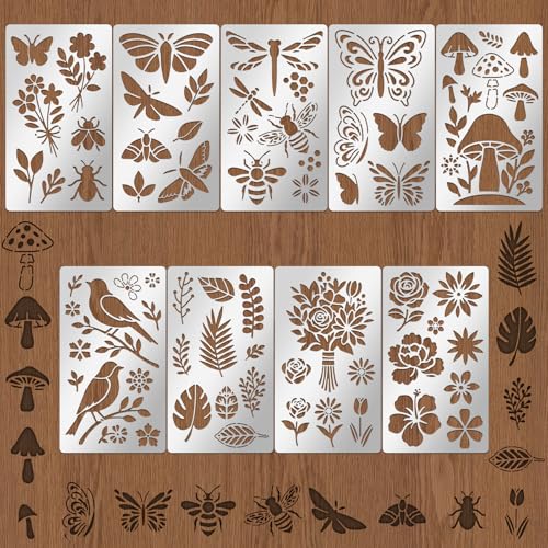 9PCS Metal Stencils Wood Burning Stencil Plant and Insect Mixed Metal Stencil Butterfly Flower Stencils for Journaling Engraving Templates for Wood Carving Drawing Scrapbooking Craft DIY (9 Count)