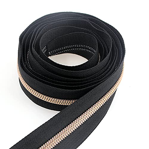 5 Rose Gold Metallic Nylon Coil Zippers by The Yard Bulk 10 Yards Black Tape with 25pcs Rose Gold Sliders for DIY Sewing Tailor Craft Bag (10 Yards Count)