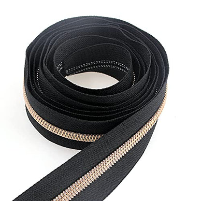 5 Rose Gold Metallic Nylon Coil Zippers by The Yard Bulk 10 Yards Black Tape with 25pcs Rose Gold Sliders for DIY Sewing Tailor Craft Bag (10 Yards Count)