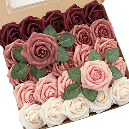 Artificial Flowers 25pcs Real Looking Burgundy Ombre Colors Foam Fake Roses with Stems for DIY Red Wedding Bouquets Bridal Shower Centerpieces Floral Arrangements Party Tables Home Decorations (25 Count)