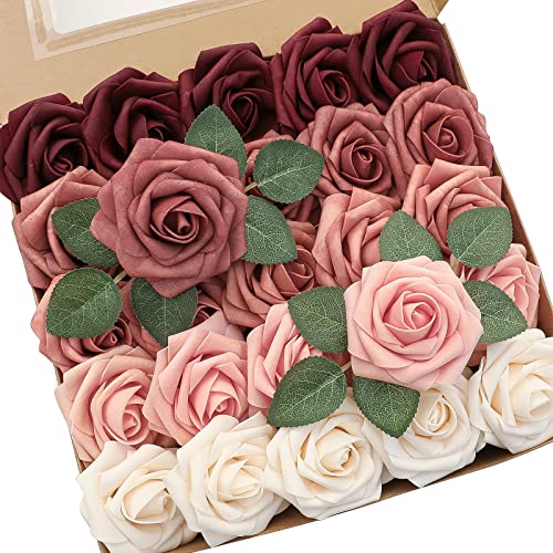 Artificial Flowers 25pcs Real Looking Burgundy Ombre Colors Foam Fake Roses with Stems for DIY Red Wedding Bouquets Bridal Shower Centerpieces Floral Arrangements Party Tables Home Decorations (25 Count)