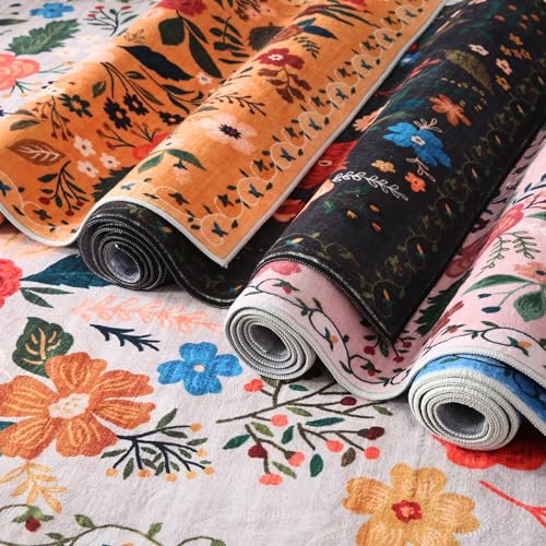 Round Rug 4ft Washable Circle Rug Non Slip Low Pile Boho Floral Small Circular Rug for Bedroom