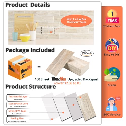 100 Pieces Peel and Stick Backsplash for Kitchen (12.5 Sq Ft)