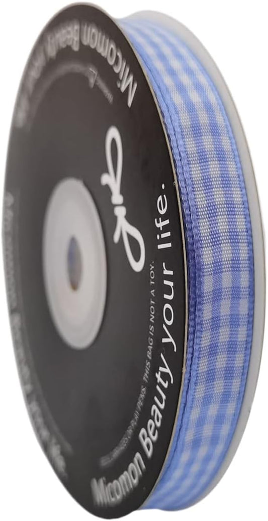 Light Blue Gingham Plaid Checked Ribbon 25 Yard Each Roll 100% Polyester (3/8", Lt.Blue) - Crafty Corner