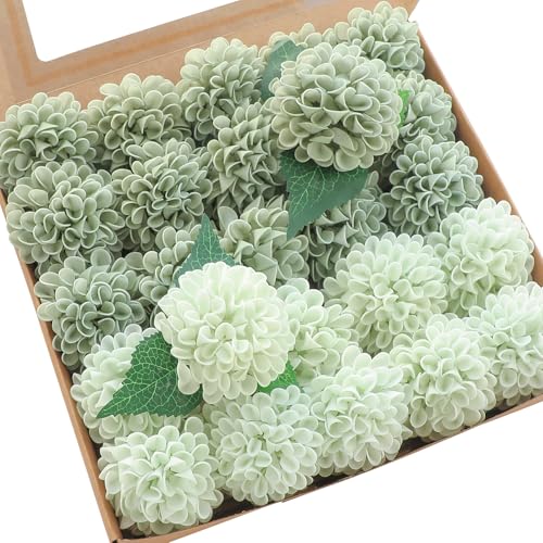 Artificial Dahlia Flowers 25pcs Real Looking Sage Green & Mint Green Foam Fake Roses with Stems for DIY Wedding Bouquets Bridal Shower Centerpieces Floral Arrangements Party Tables Decoration (25 Count)