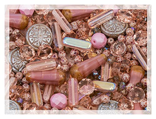 2.1oz (60 g) Mix of Unique Czech Bohemia Glass Pressed Beads, Dirty Pink Antique, Table Cut, Matte and Glossy, Faceted Fire Polish, Hand Made Set Kit BCV (2.1164 Ounce)